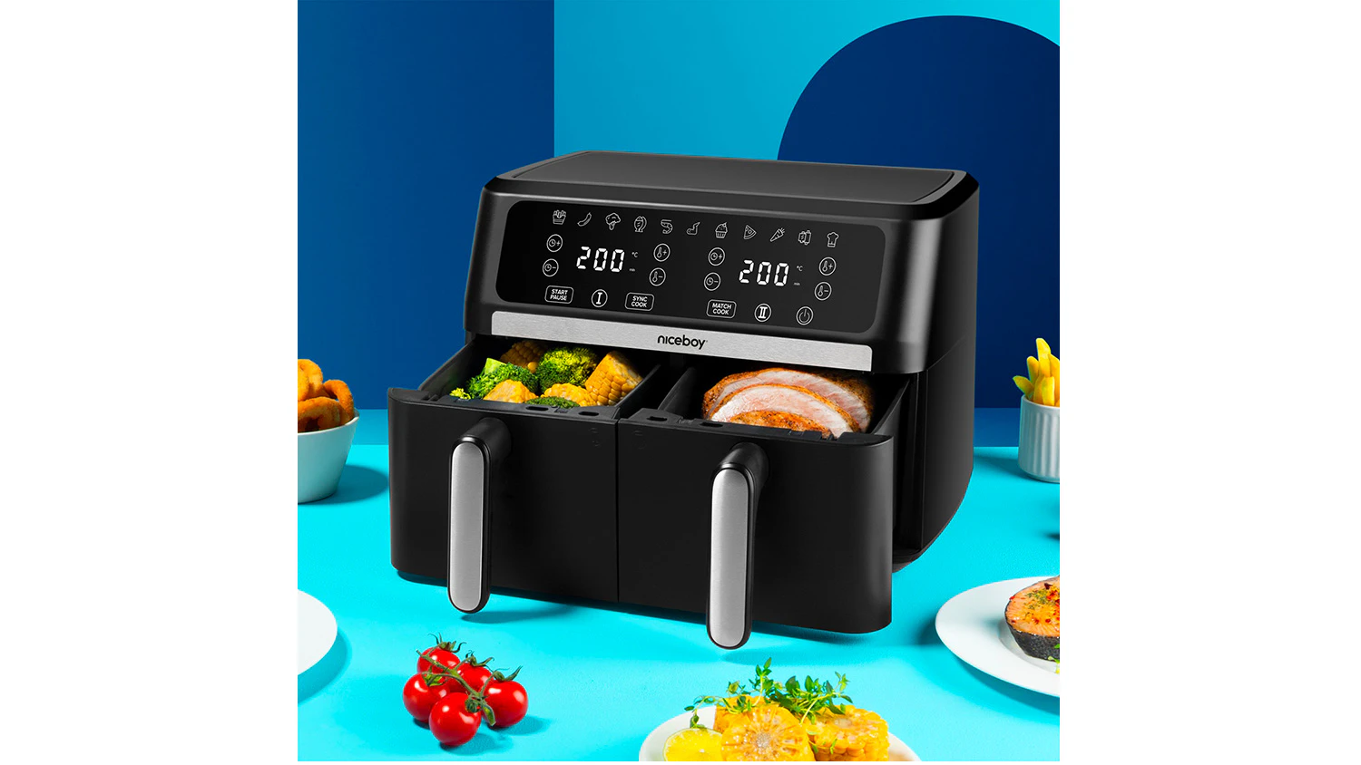 Teplovzdušná fritéza Niceboy AirFryer DUO s jedlom