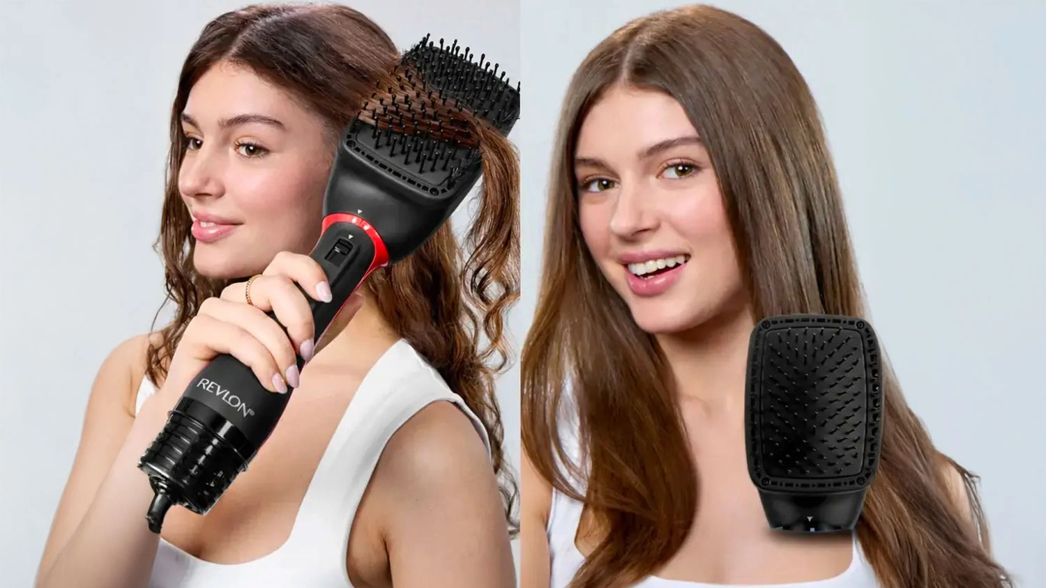 Žena si upravje vlasy pomocí kulmofénu Revlon RVDR5373E One-Step Blow-Dry
