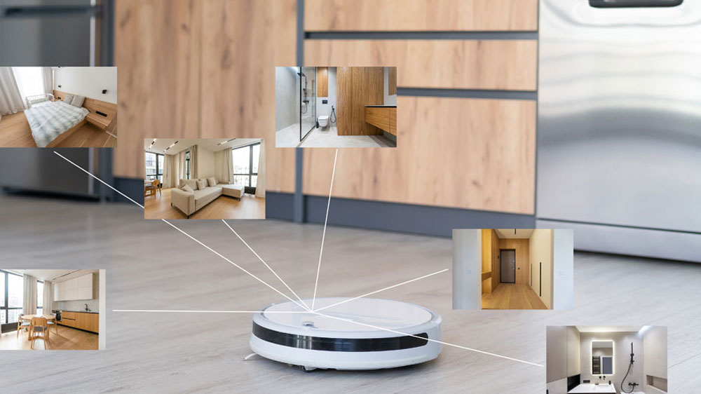 Robotický vysavač o vyobrazení úklidu místností v malých fotkách okolo vysavače_04