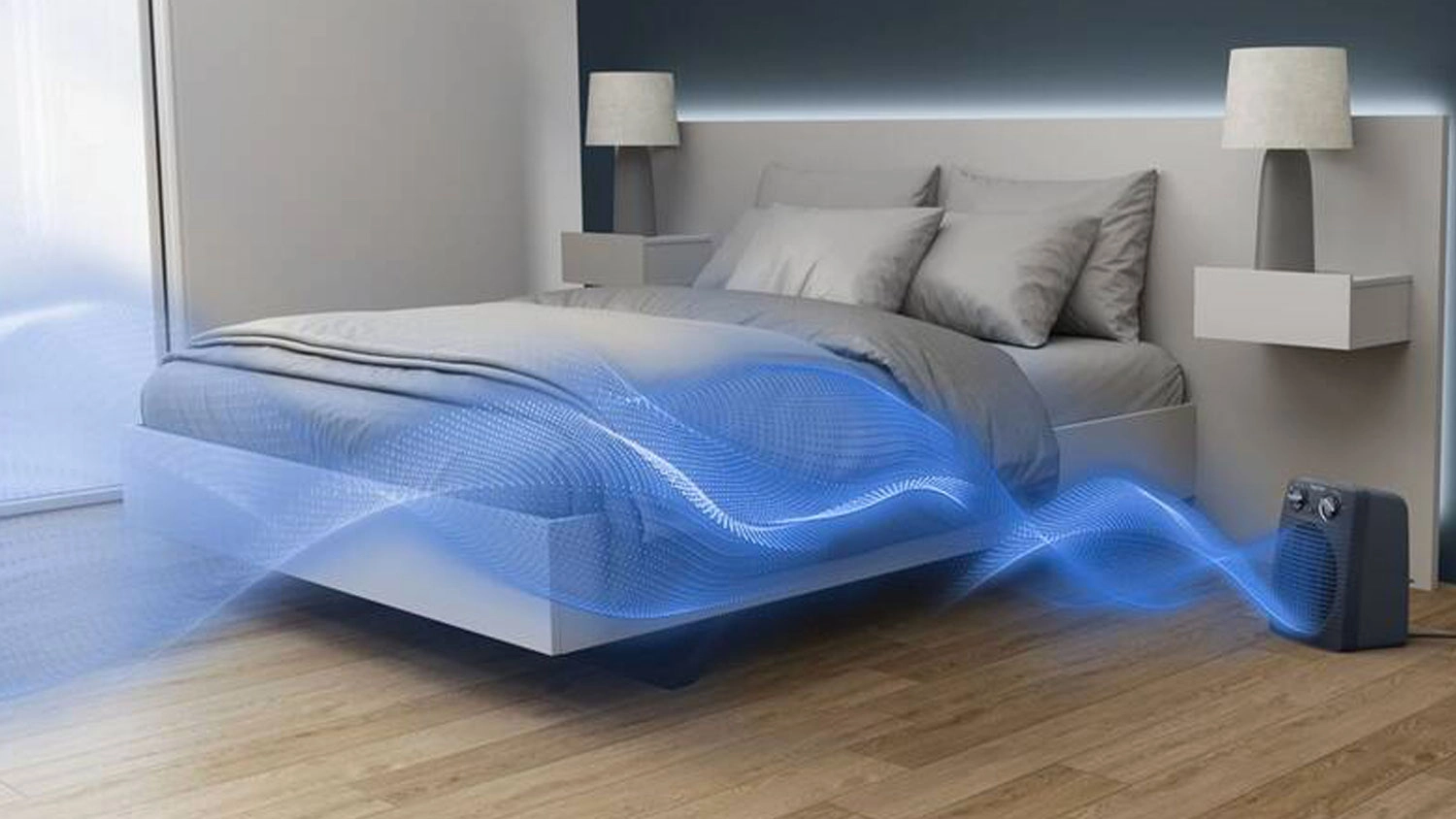 Teplovzdušný ventilátor Rowenta SO2211F0 Compact Power v ložnici u postele na zemi