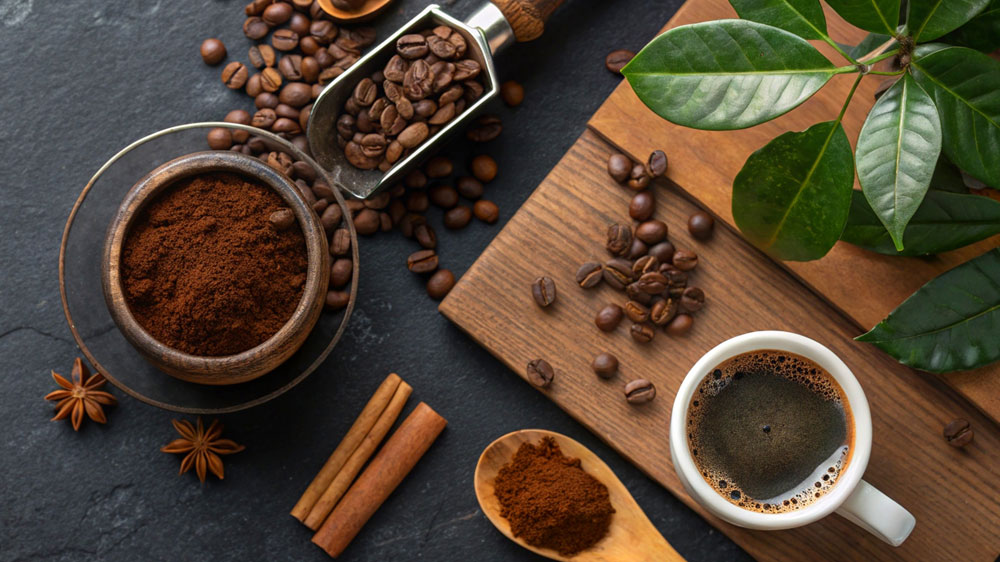 Kávové zátiší – kávová zrna, mletá káva a připravené espresso_05