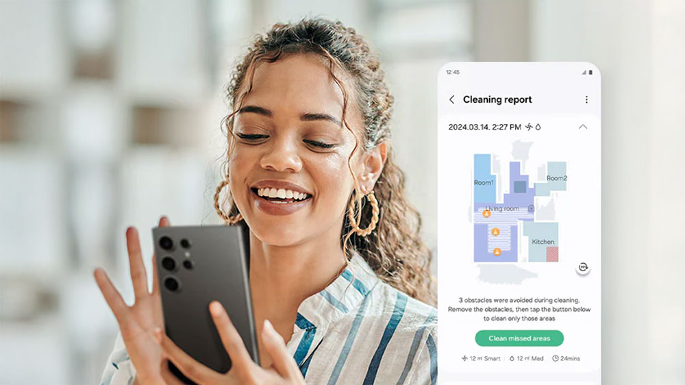 Robotický vysavač Samsung BESPOKE Jet Bot Combo+ ovládá žena telefonem přes aplikaci_05