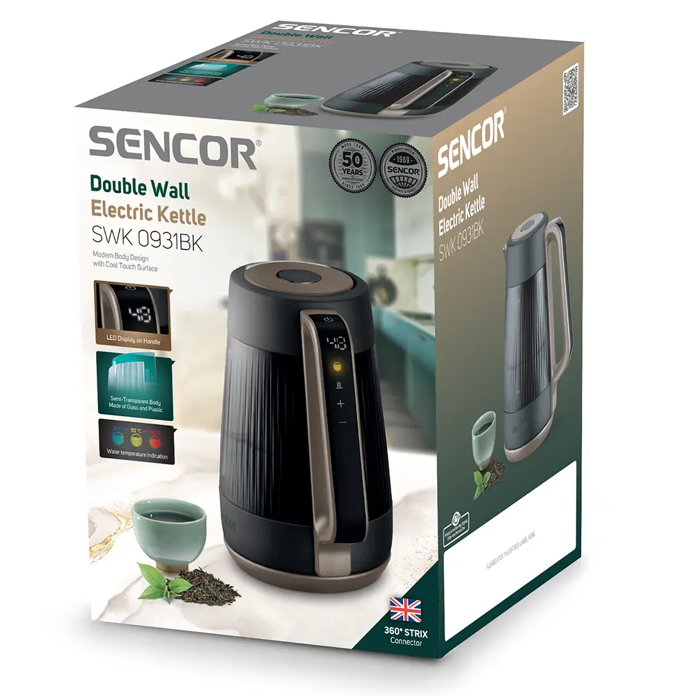 Dvoustěnn&aacute; rychlovarn&aacute; konvice Sencor SWK 0931BK obsah balen&iacute;