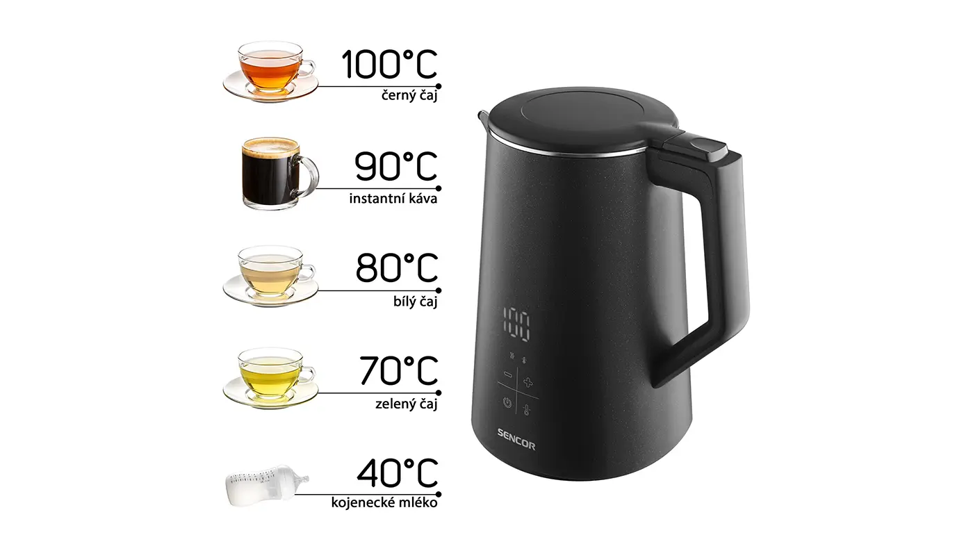 Prehľad nastavenia teplôt u rýchlovarnej kanvice Sencor SWK 0600BK