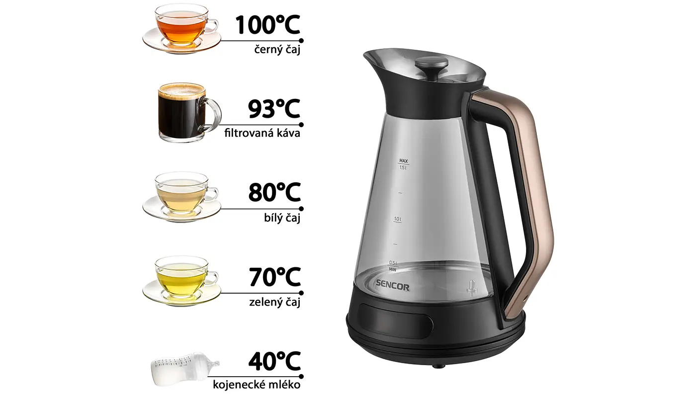 Varianty stupňů ohřevu na konvici Sencor SWK 195BK