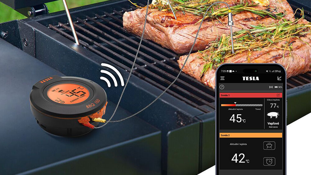 Teploměr Tesla COOK BBQ150 SMART se sondou v mase na grilu_02