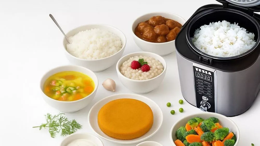 Multifunkční rýžovar Tesla MultiCook RC400 Low Carb s miskami připraveného jídla okolo_03