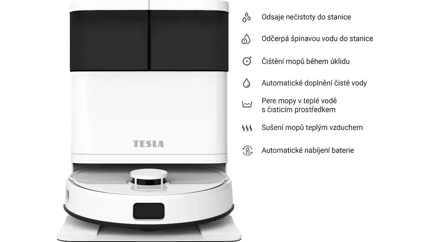 Robotick&yacute; vysavač Tesla RoboStar iQ900 Ultra ve stanici s popisky