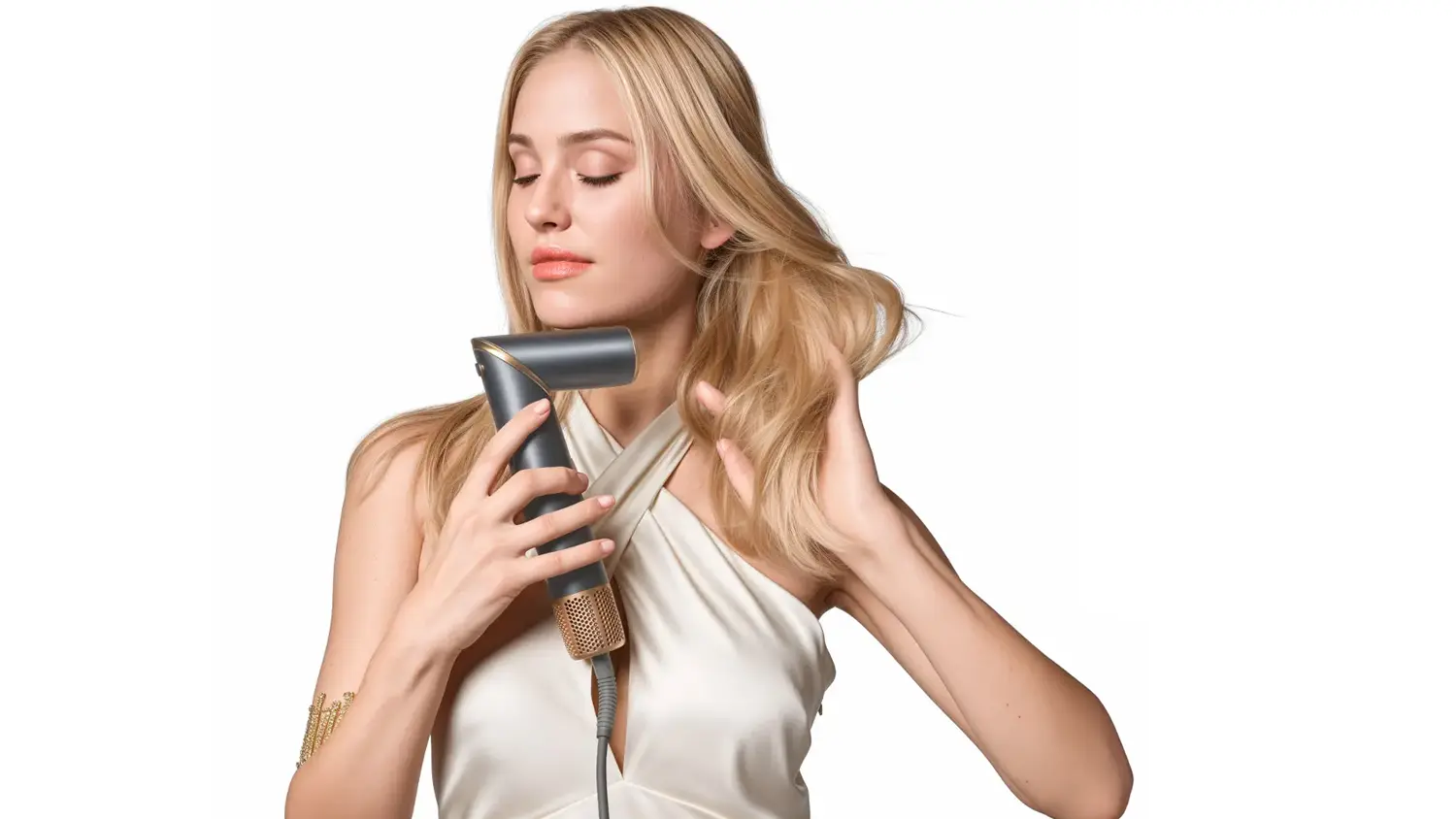 Žena foukaj&iacute;c&iacute; si vlasy f&eacute;nem Tesla My Care Multistyler AF05