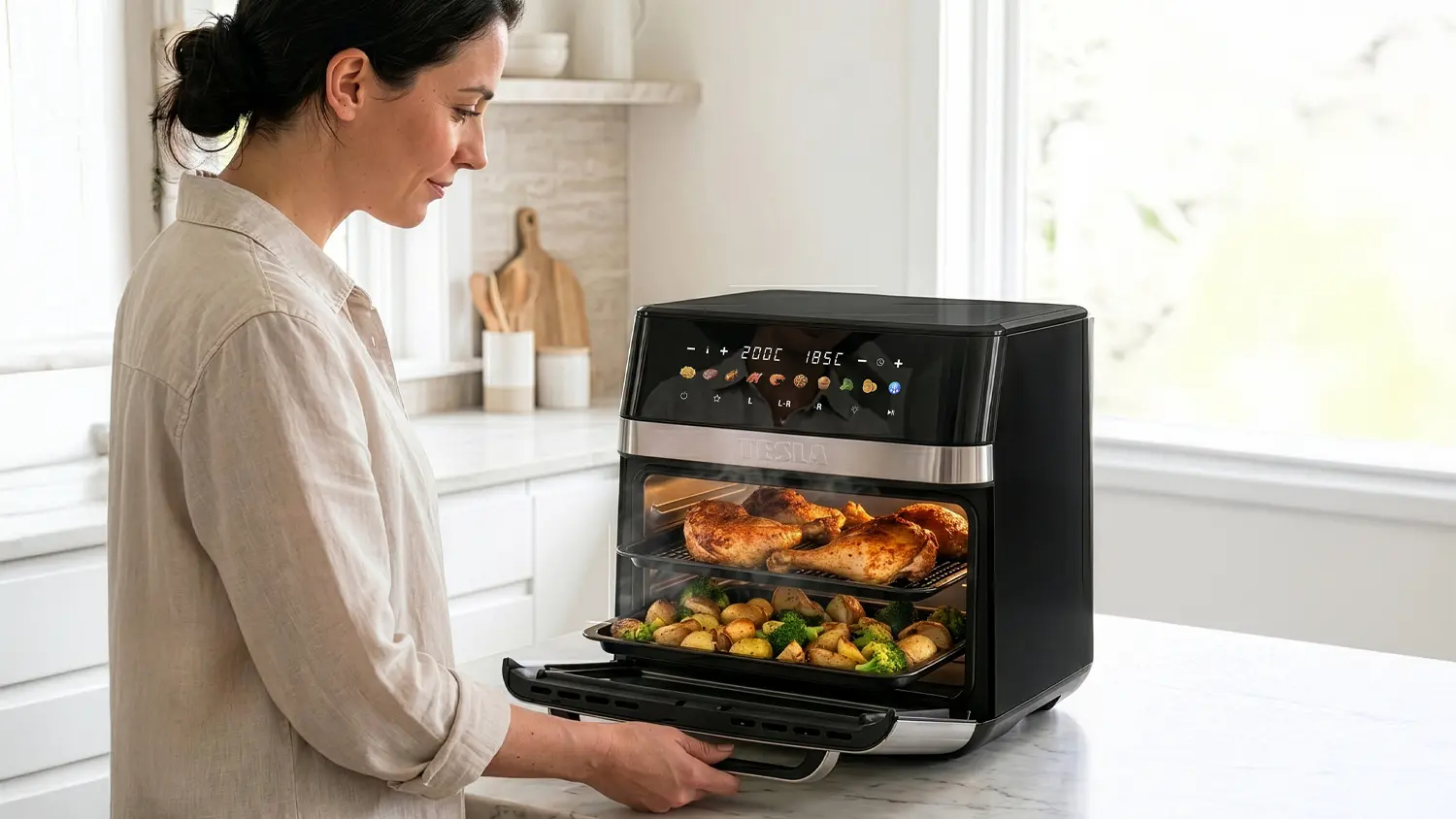 Horkovzdušná fritéza TESLA AirCook DualZone Q787 XXL Deluxe ve funkci trouby