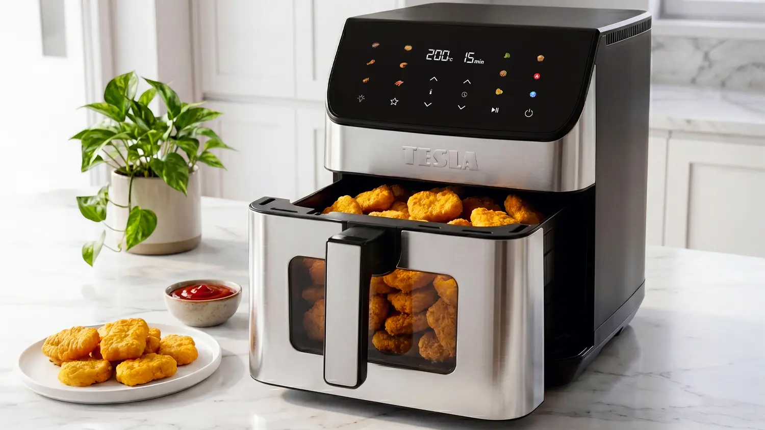 Horkovzdušná fritéza TESLA AirCook DualHeat QD65 XXL plná kuřecích nugetů