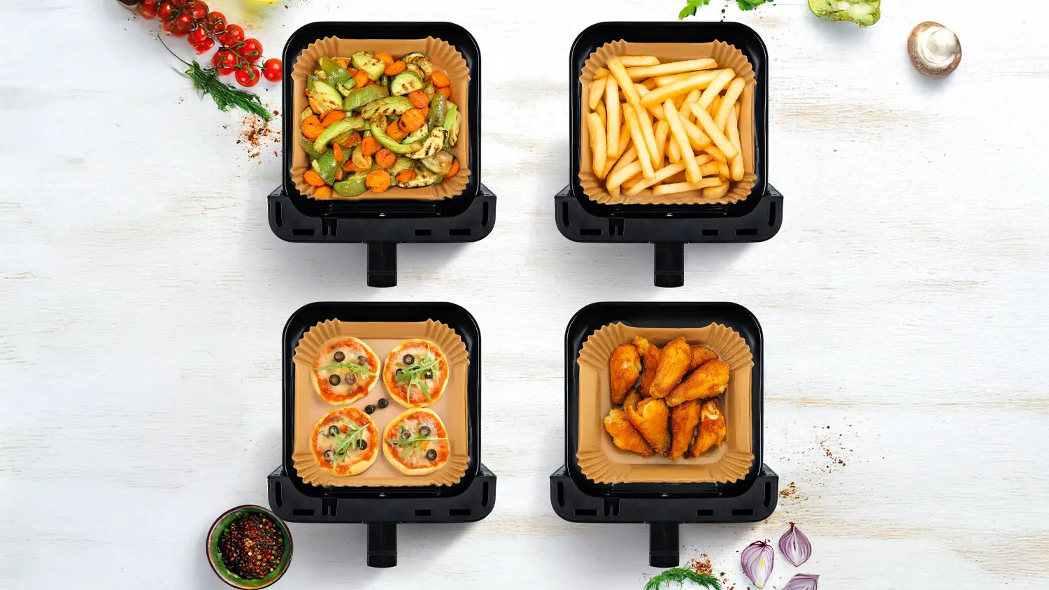 Různé varianty jídla z horkovzdušné fritézy