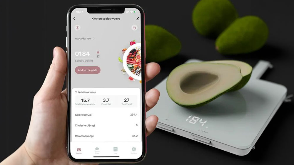 Mobiln&iacute; aplikace ukazuj&iacute;c&iacute; nutričn&iacute; hodnoty j&iacute;dla na chytr&eacute; kuchyňsk&eacute; v&aacute;ze AENO KS1S_03