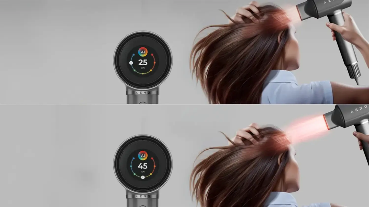 Žena foukající si vlasy fénem AENO HD5 s ukázkou AI technologie ve 2 obrázcích