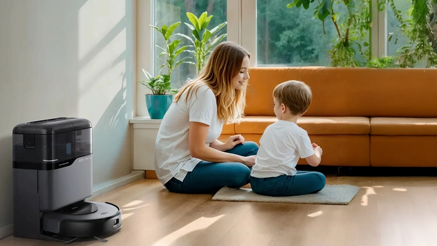 Vysavač Eufy Omni C20 čern&yacute; v dom&aacute;cnosti vedle matky a d&iacute;těte