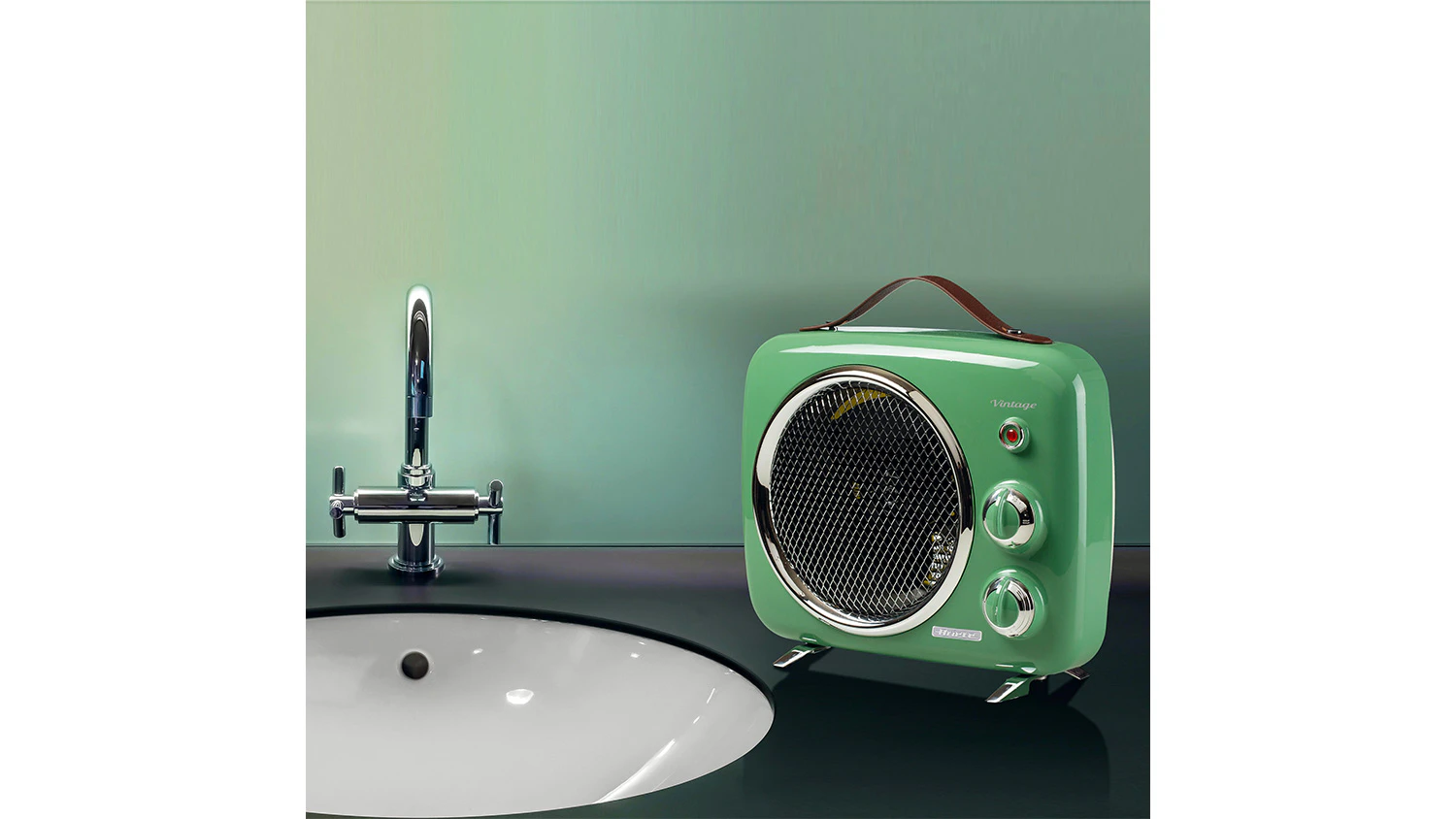 Teplovzdušný ventilátor Ariete Vintage 0808/04 zelený při použití v interiéru ukazující jeho kompaktní design