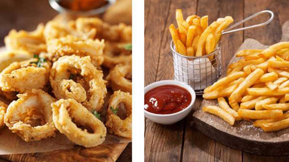 Hotové jídlo z horkovzdušná fritézy Ariete 4618 v podobě hranolek, kalamárů a sýrových koulí_03