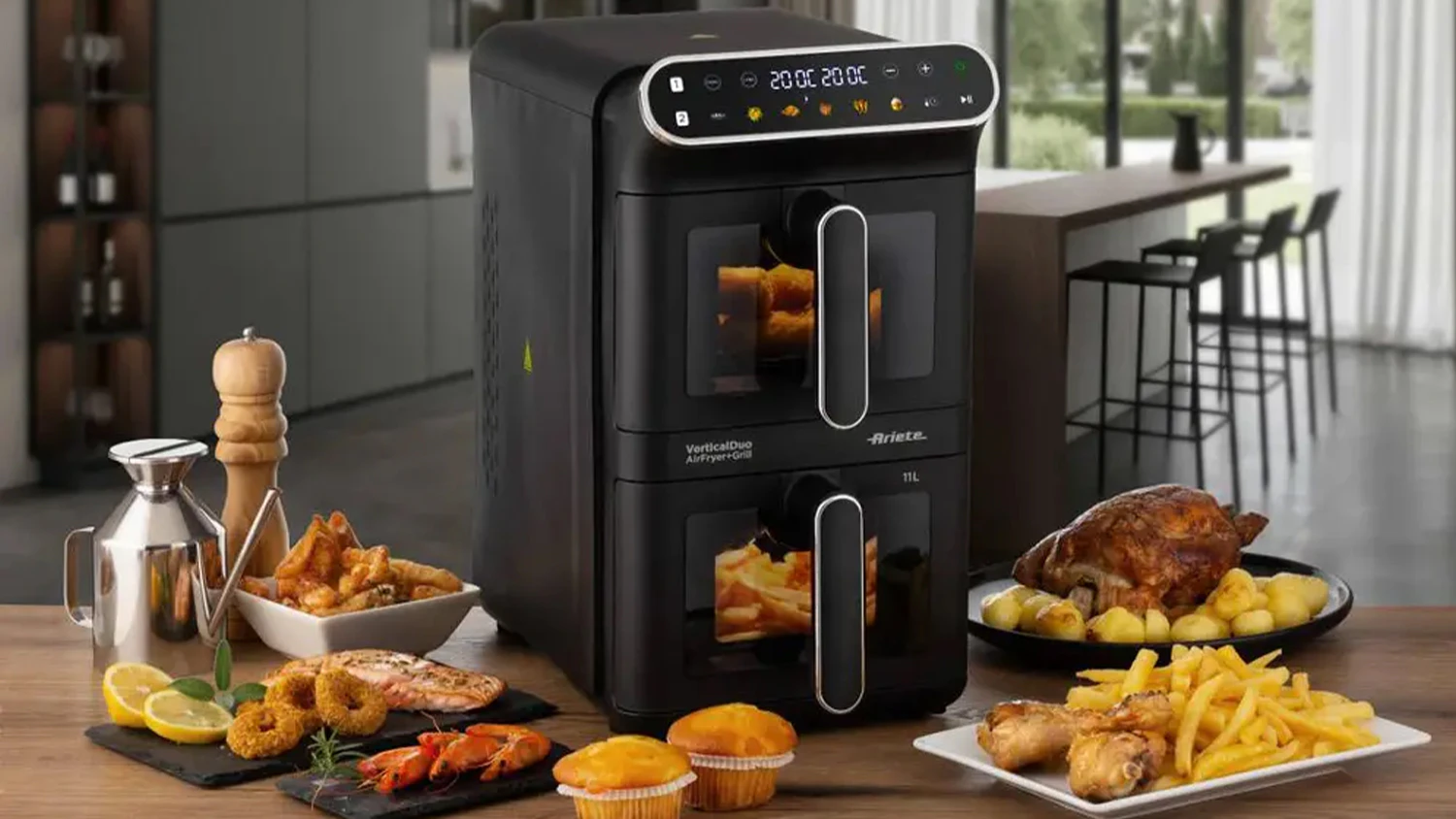 Teplovzdušná fritéza Ariete Air Fryer Vertical Duo 11L s pripraveným jedlom