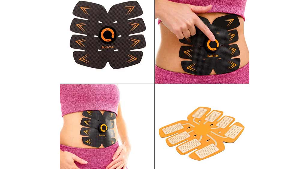 Přední i zadní strana svalového elektrostimulátoru Bodi-Tek ABTR5 a žena, která nastavuje jeho intenzitu přímo na břiše_03