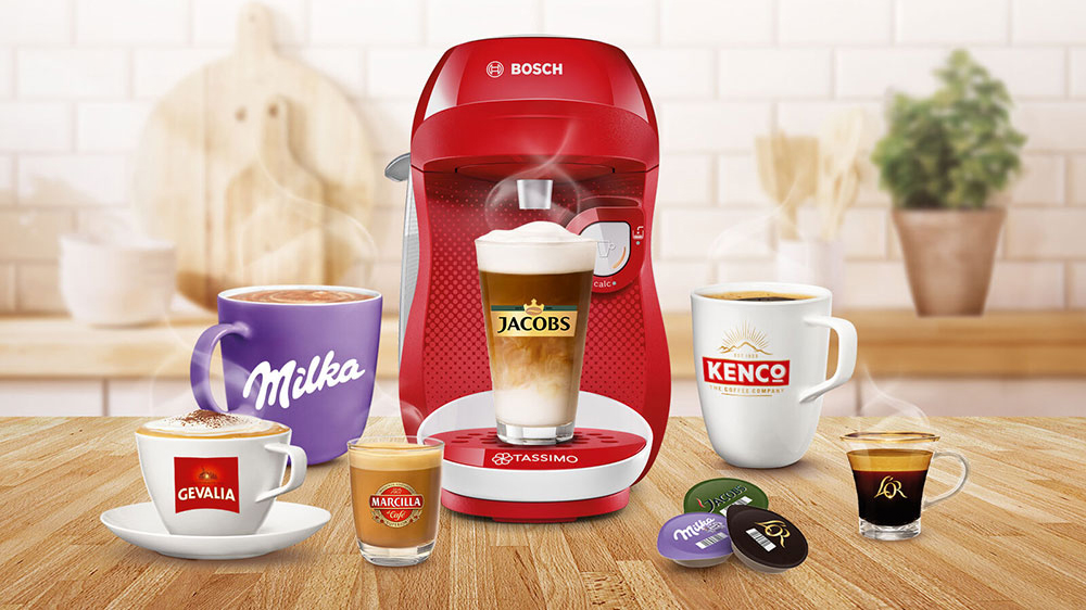 Kapslový kávovar Bosch TASSIMO Happy TAS1006, bílo-červený s různými druhy kávy a kapslemy_02
