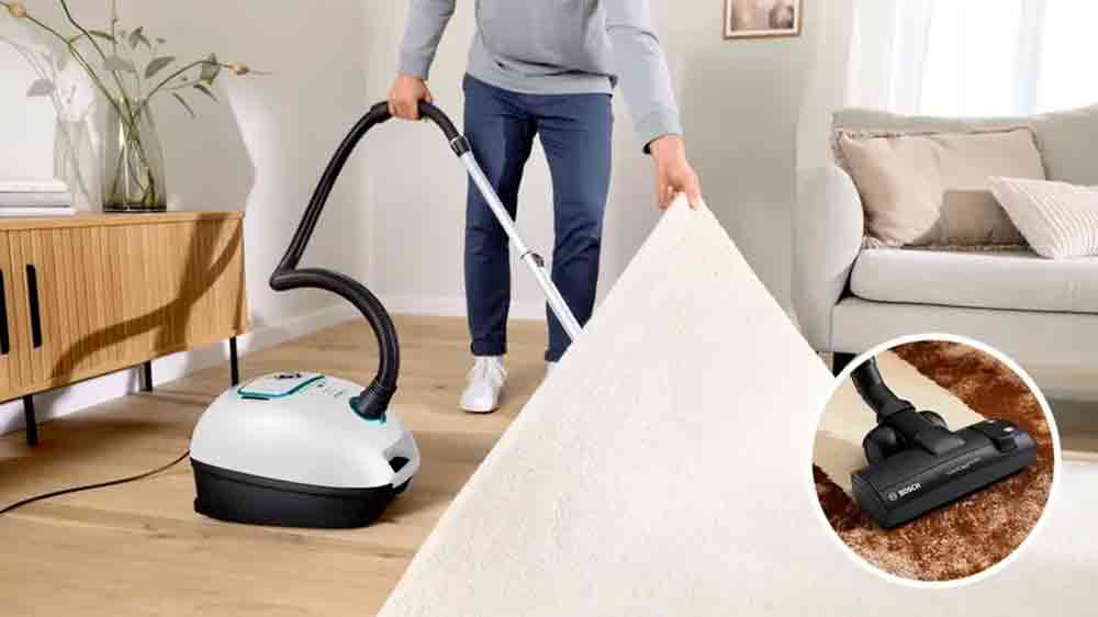 Muž vysává s vysavačem Bosch BGL41HYG2H ProHygienic pod nadzvednutým kobercem_02