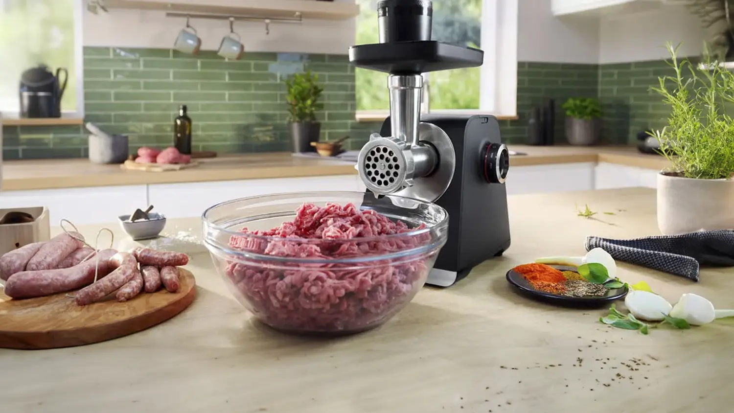 Masoml&yacute;nek Bosch MultiPower MFWS640B a namlet&eacute; maso v misce