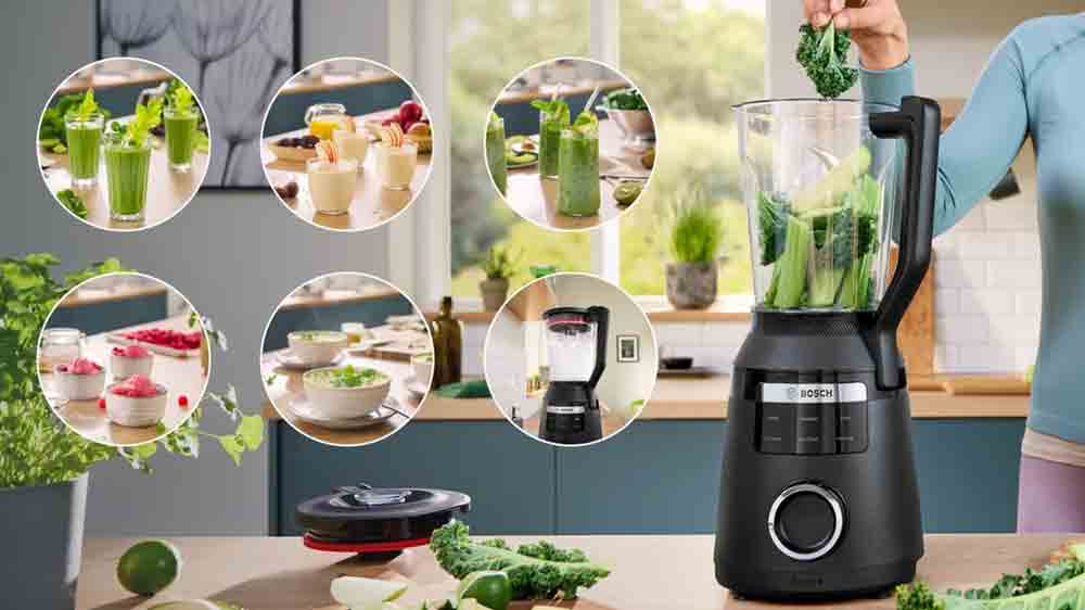 Žena vkládá brokolici do stolního mixéru Bosch MMB6654B_02