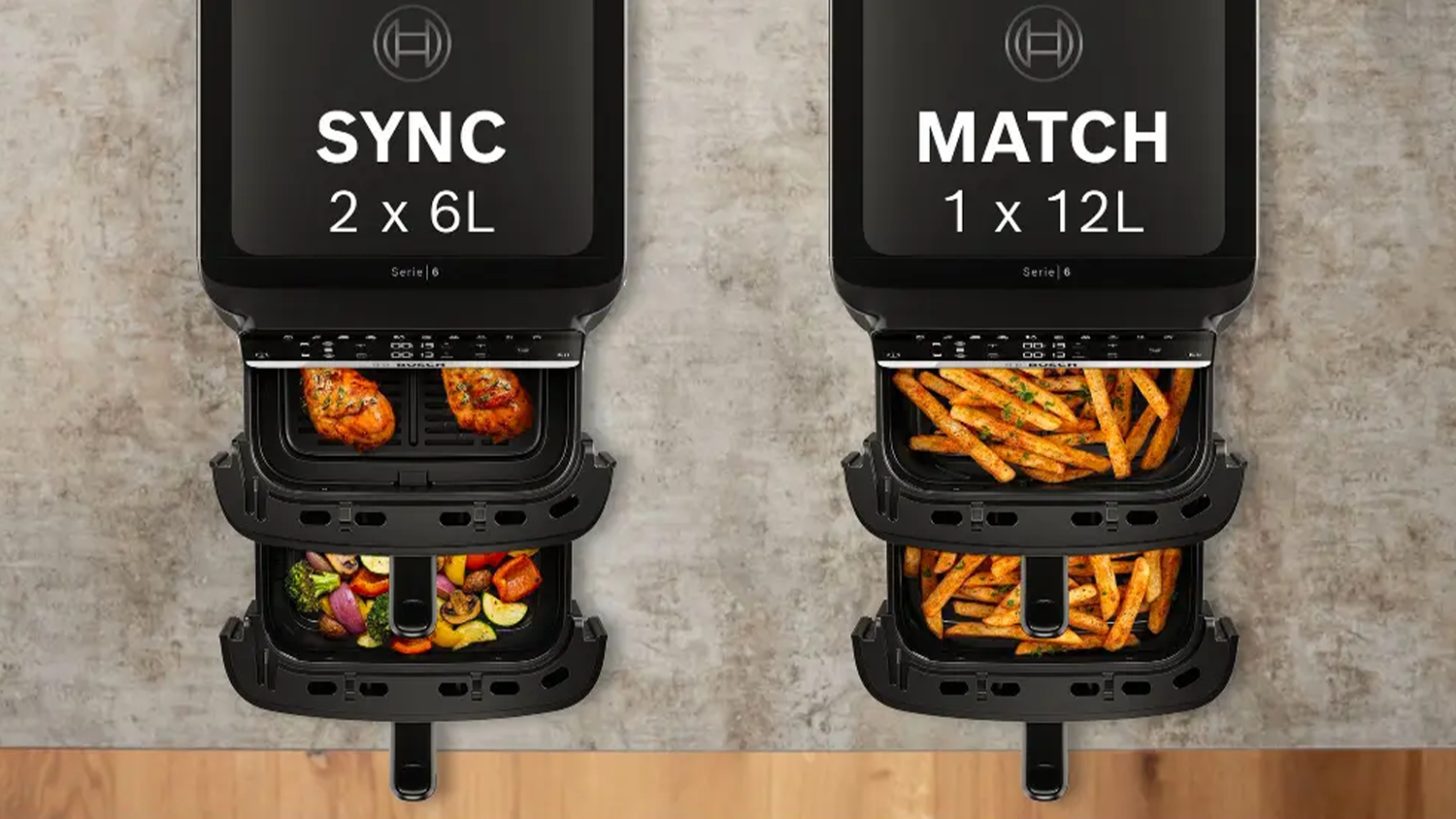 Horkovzdu&scaron;n&aacute; frit&eacute;za Bosch Serie 6 MAFD661B0 a funkce SYNC a MATCH