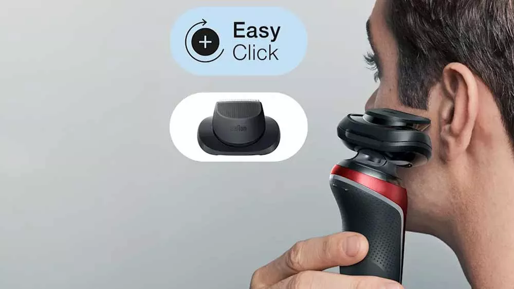 Muž zastřihující si kotlety pomocí holicího strojku Braun SER6 Red R1200S a znázorněním systému EasyClick_02