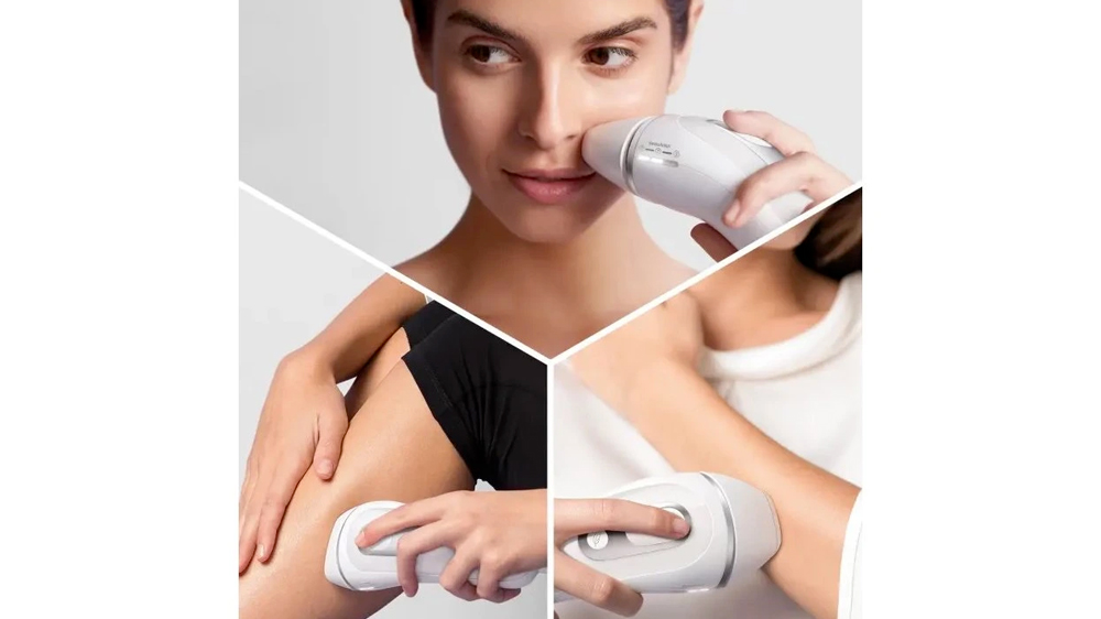 Žena si ošetřuje oblast obličeje, nohou a rukou IPL epilátorem Braun Silk·expert Pro 3 PL3020_03