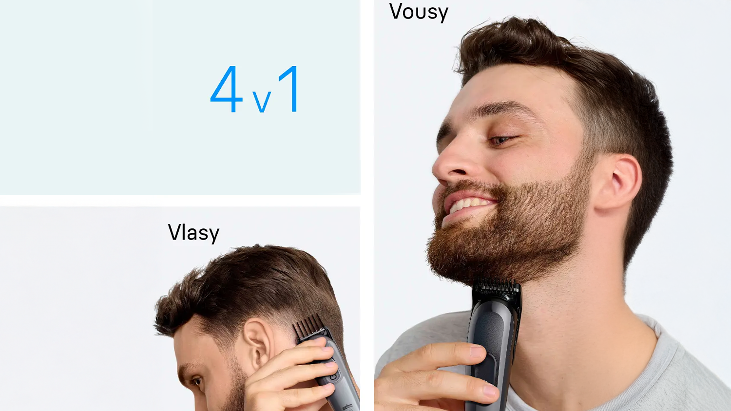 Muž si zastřihovačem upravuje vlasy a vousy