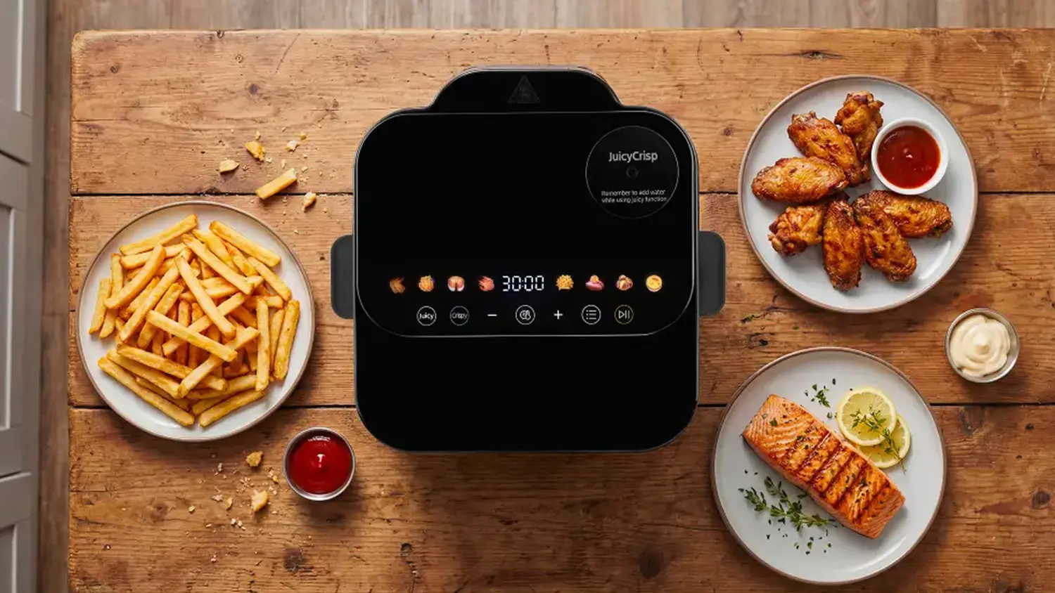 Horkovzdušná fritéza Catler AF 500 Steam & Air Fry vyobrazena s fritovanými pokrmy