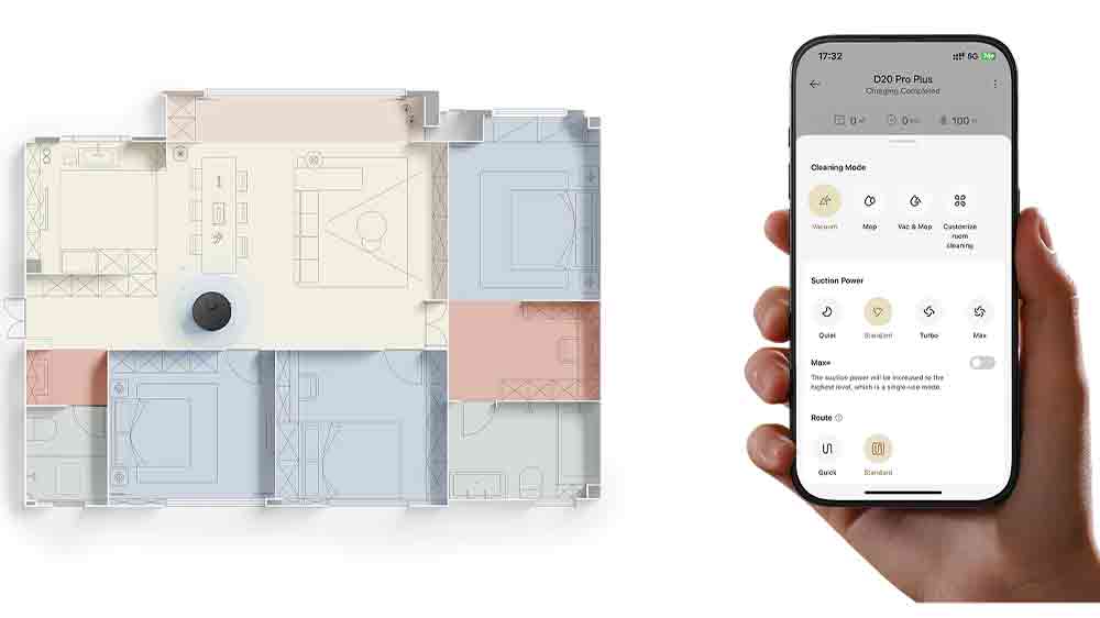 Robotick&yacute; vysavač s mopem Dreame D20 Pro Plus ukl&iacute;z&iacute; v ob&yacute;v&aacute;ku, kde je rodina se psem_06