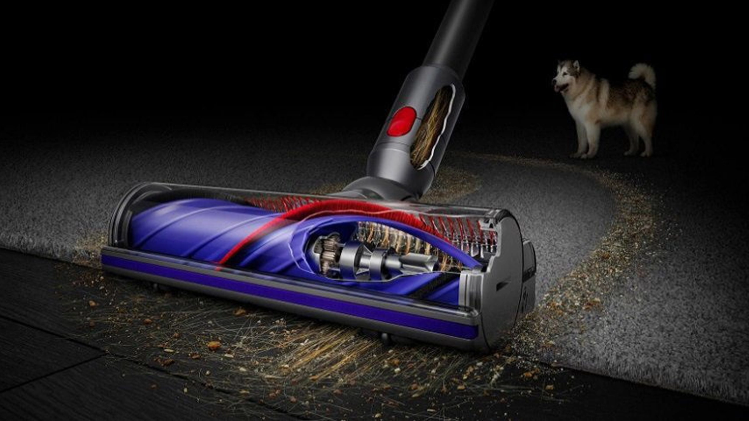 Tyčov&yacute; vys&aacute;vač Dyson Digital Slim Fluffy vys&aacute;va chlpy a v pozad&iacute; pes_03
