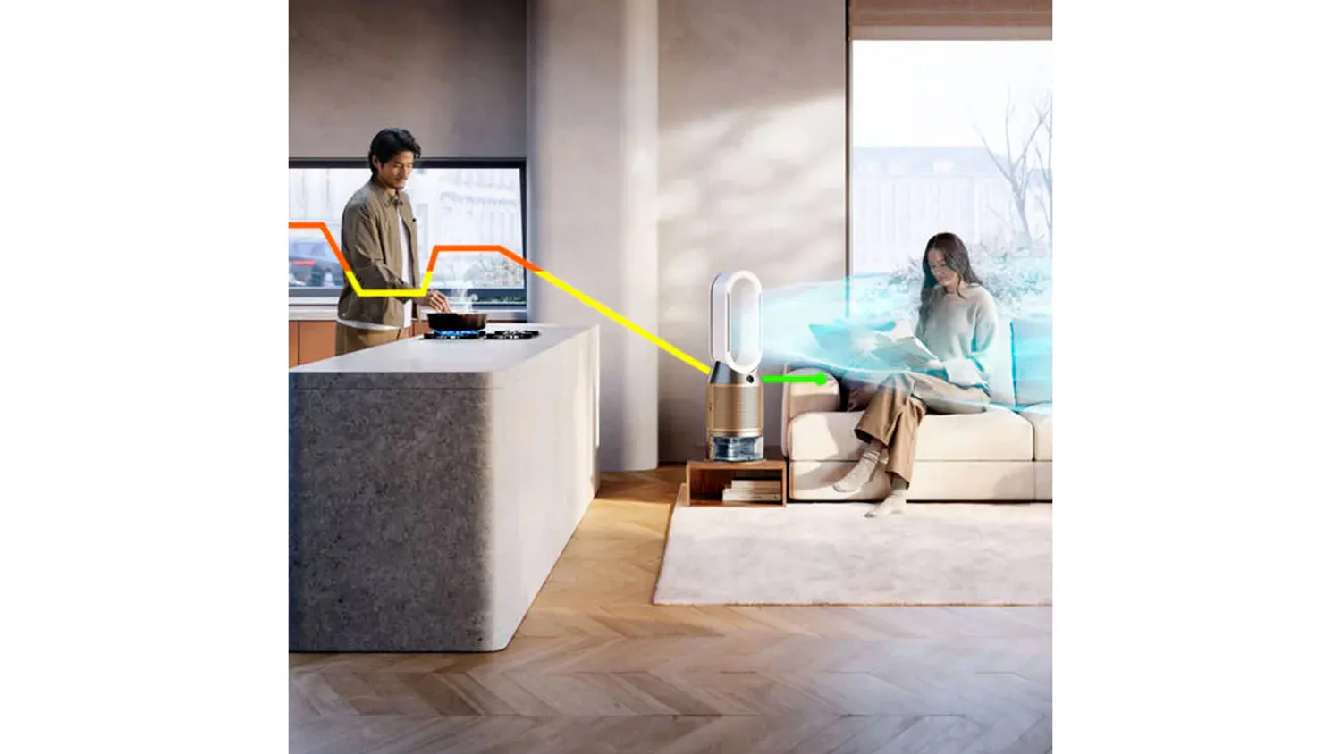 Muž vaří, žena si čte v pokoji s čističkou vzduchu Dyson Purifier Humidify + Cool PH05