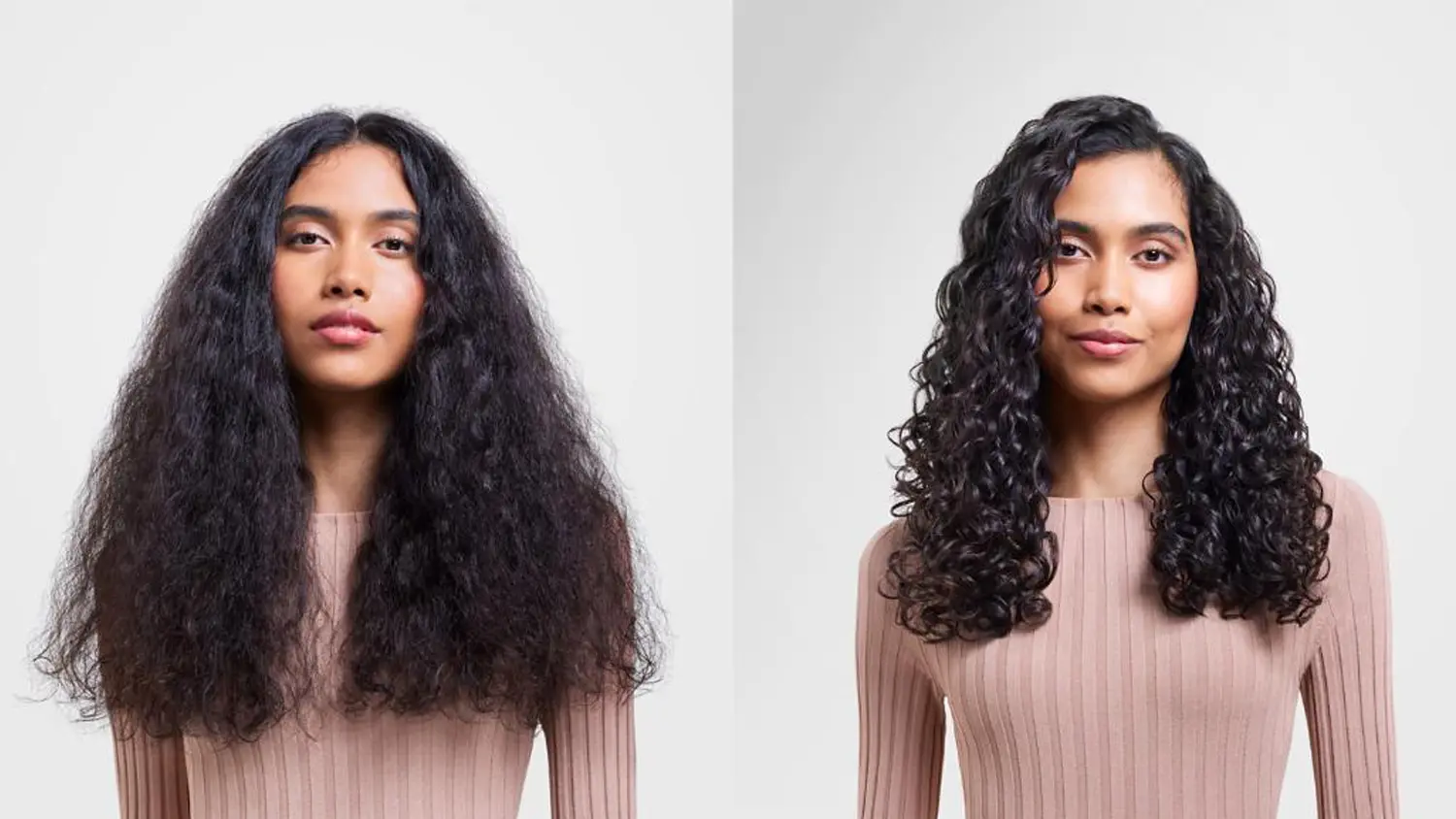 Žena pred a po použit&iacute; difuz&eacute;ra Wave+Curl f&eacute;nu Dyson Supersonic Nural HD16 T3/T4