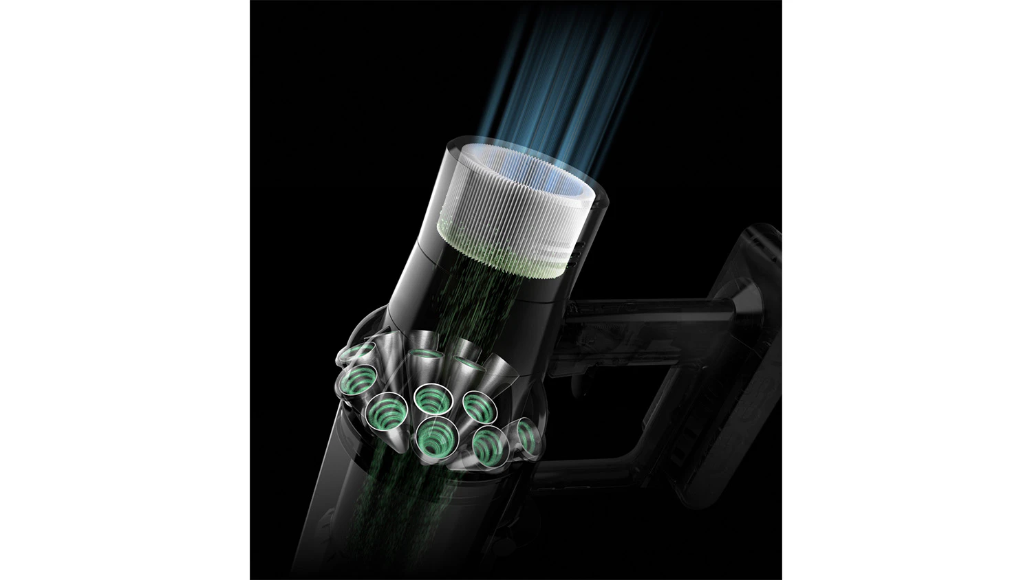 uk&aacute;zka filtru a v&yacute;vodu vzduchu u tyčov&eacute;ho vysavače Dyson V10 Submarine