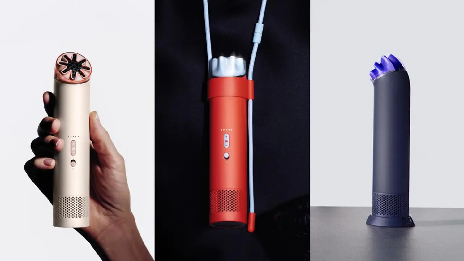 Tri ventilátory Dyson HushJet Mini Cool v rôznych farbách a spôsoboch použitia