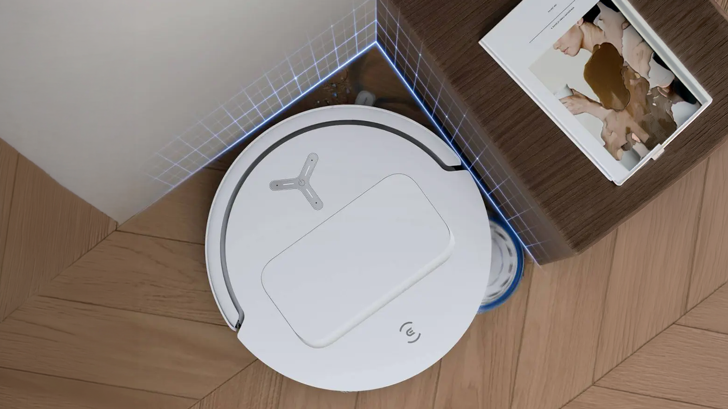 Vizualizace úklidu robotického vysavače v rohu místnosti