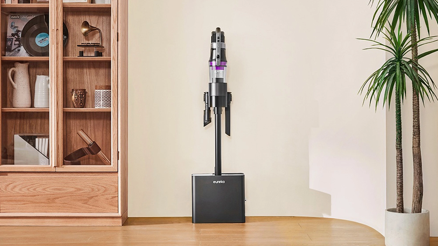 Místnost se skříní, rostlinou a vysavač Eureka Stylus Elite NEC490