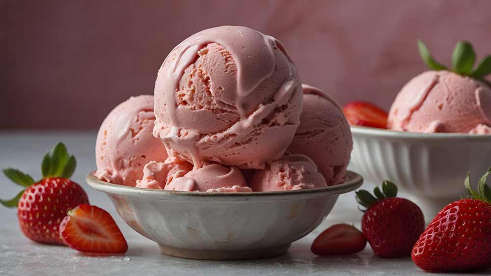 Jahodová zmrzlina v naběračce na zmrzlinu a maliny na stole_02