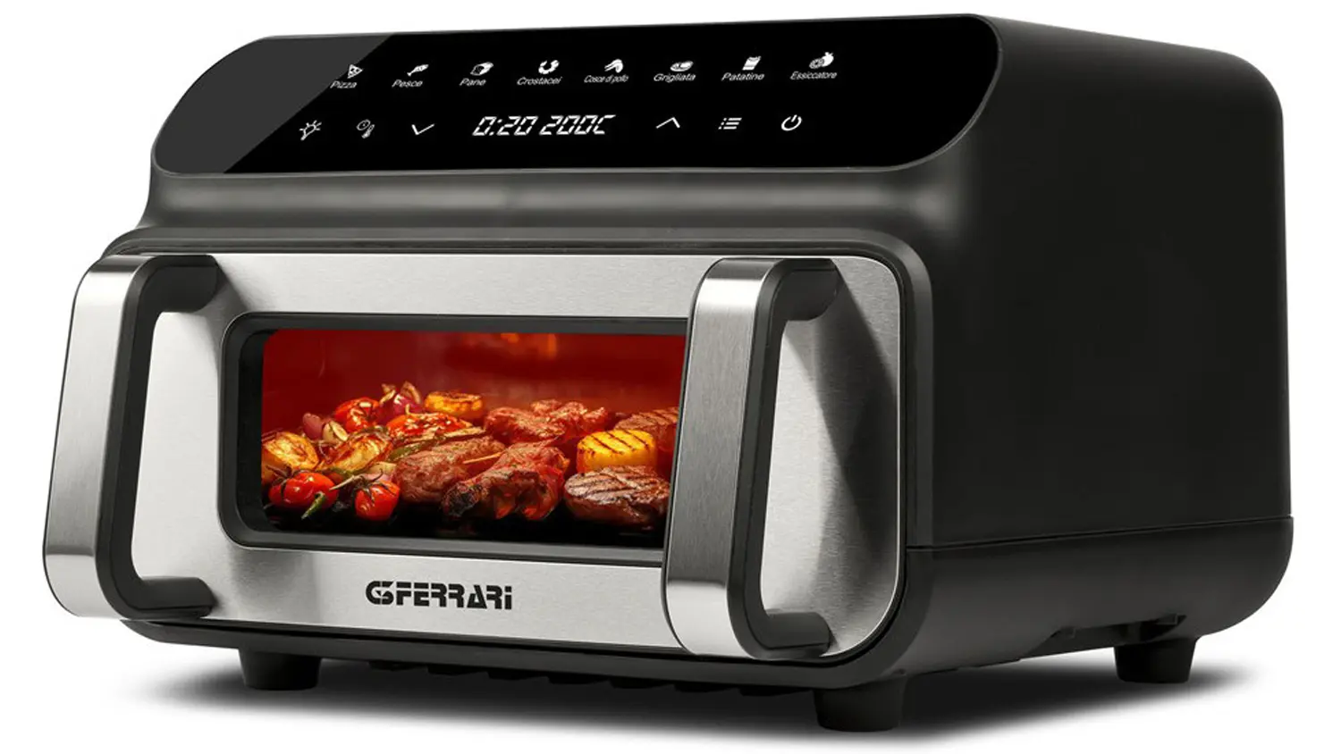 Horkovzdušná fritéza G3Ferrari G1018100 při pečení pohled ze strany