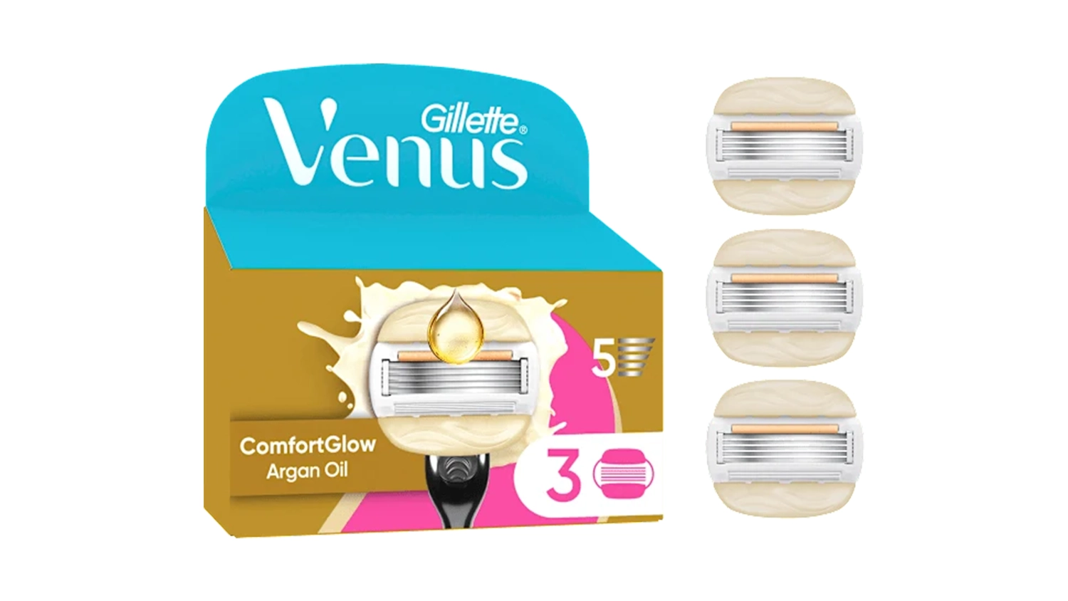 Balenie náhradných holiacich hlávok Gillette Venus ComfortGlide Argan Oil a 3 ks hlávok