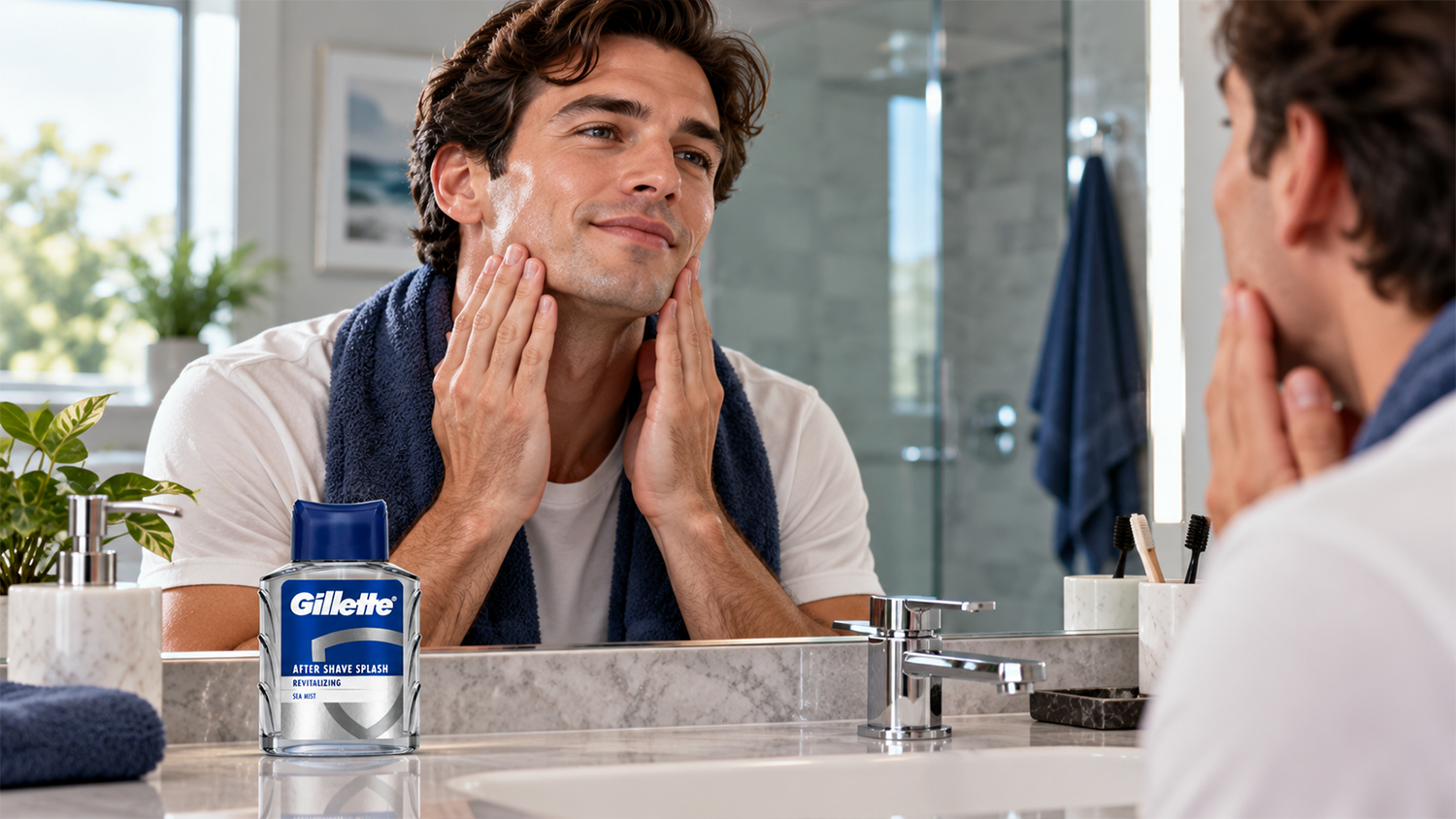 Muž stoj&iacute; pred zrkadlom a vtiera si na tv&aacute;r vodu po holen&iacute; Gillette Series Revitalizing Sea Mist 100 ml