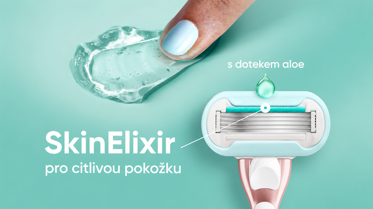 Prst rozotiera hydratačný aloe gél vedľa náhradnej hlavice Gillette Venus Pro Smooth Sensitive