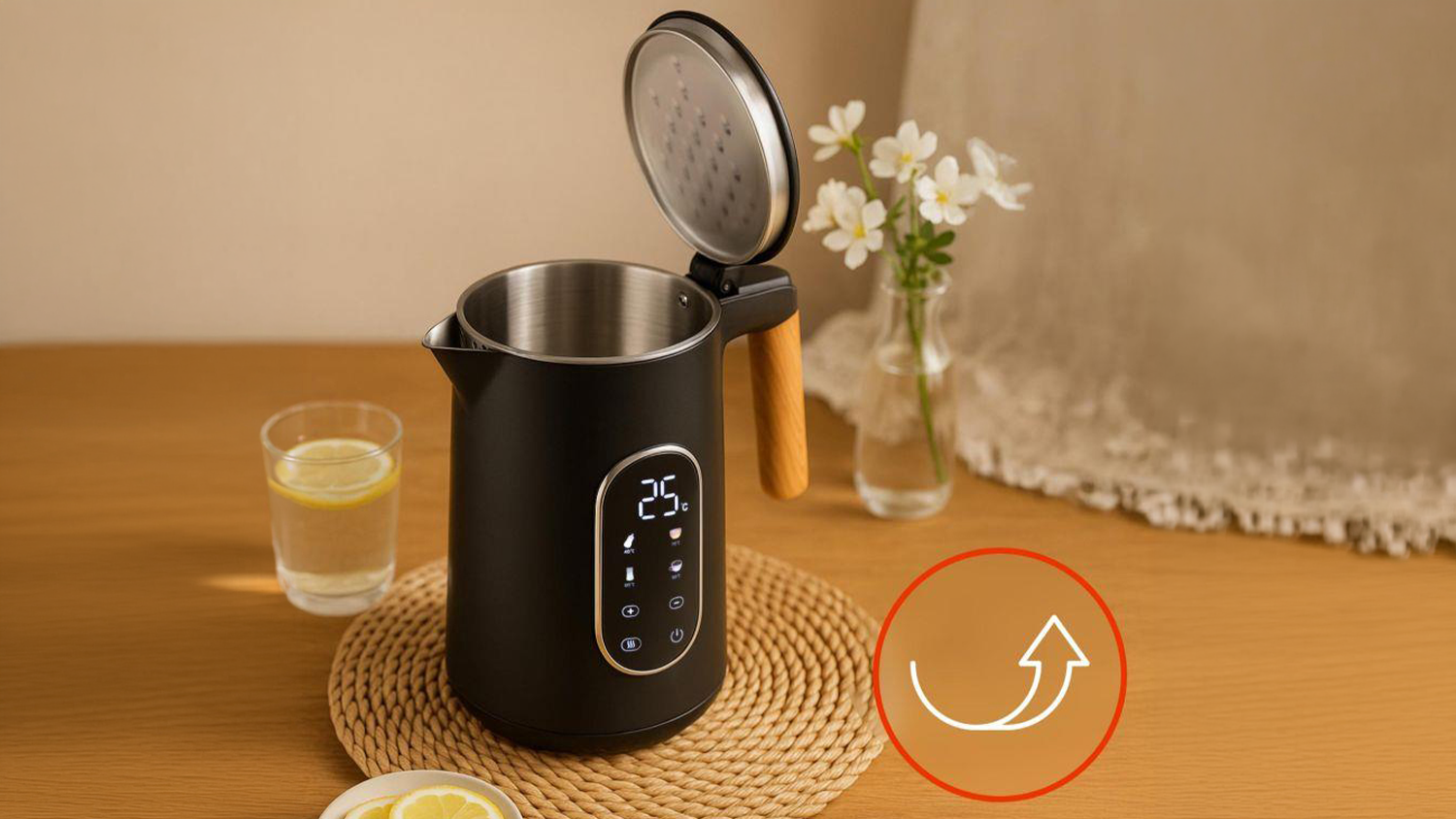 Rychlovarná konvice Huslog HUS1049 s vizualizací automatického otevírání víka