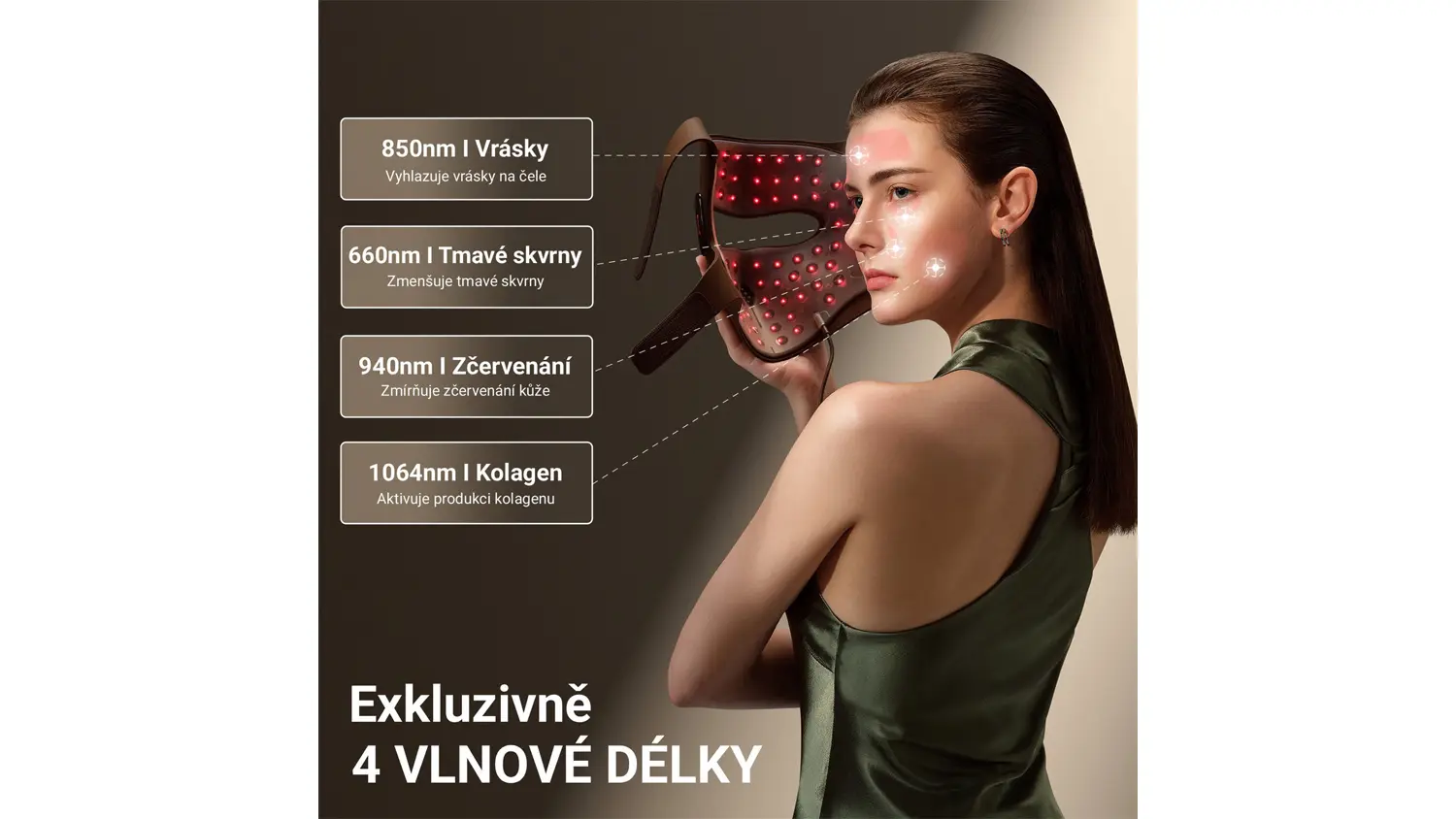Žena drží laserovou světelnou terapeutickou masku JOVS 4D v2 a výpis účinků
