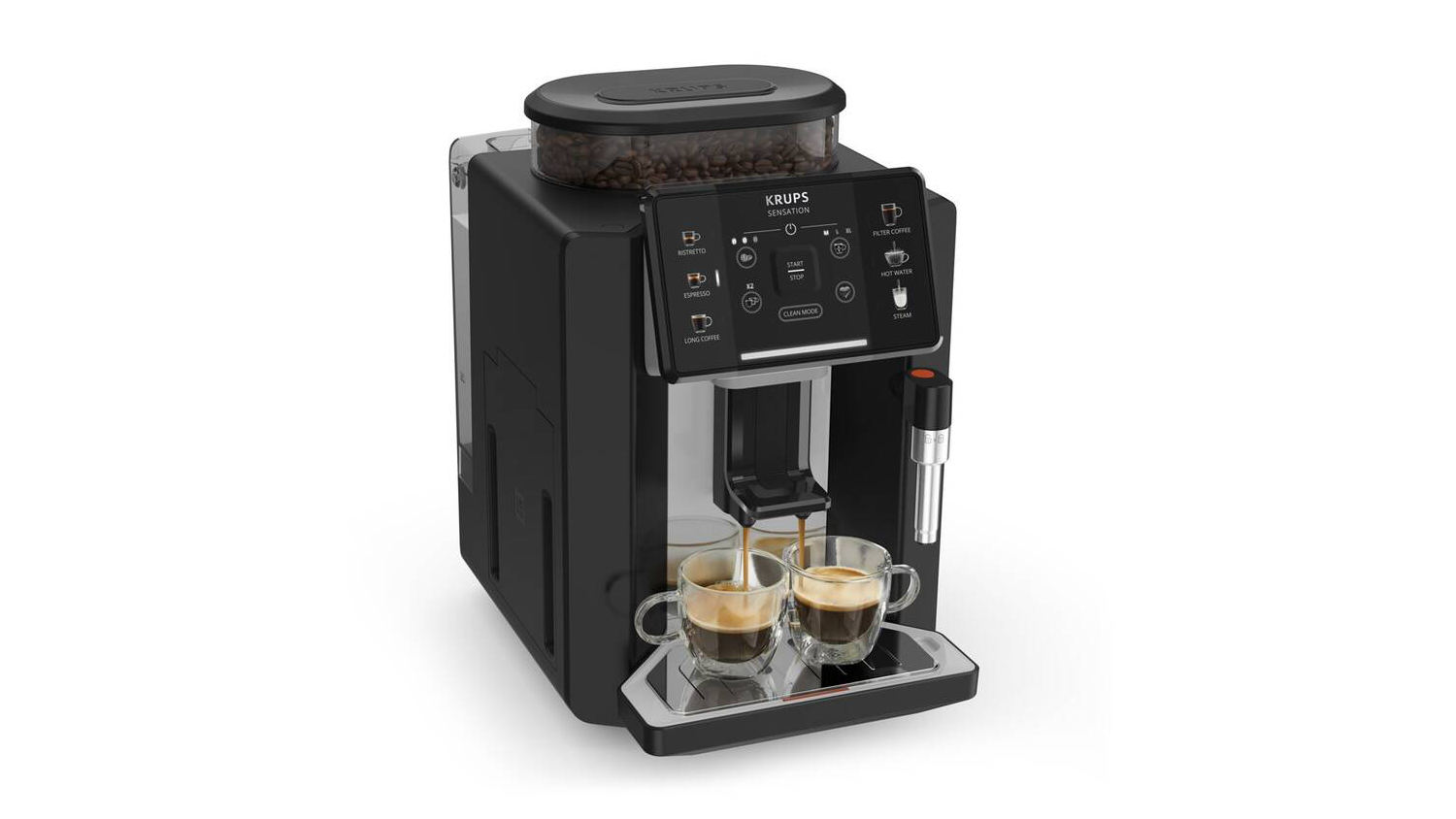 Automatick&yacute; k&aacute;vovar KRUPS Sensation EA910A10 při př&iacute;pravě k&aacute;vy