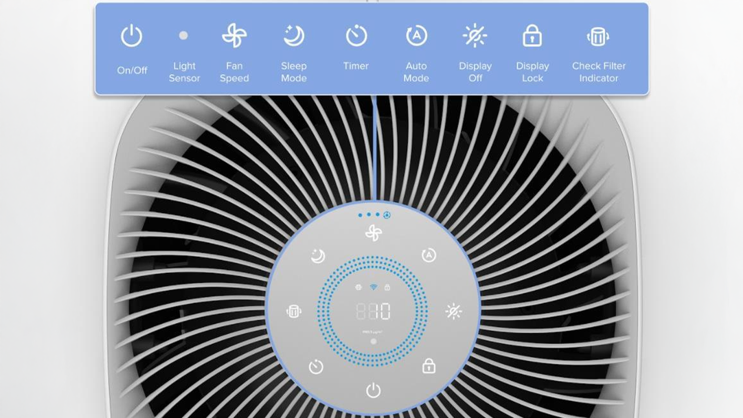 Detail ovl&aacute;dac&iacute;ho panelu čističky vzduchu Levoit Core600S SMART