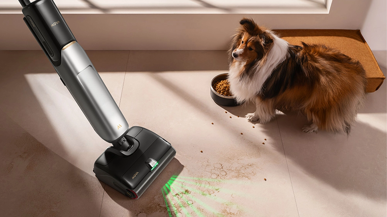 Tyčový vysavač s mopem MOVA X4 Pro uklízí nečistoty z podlahy pod dohledem psa